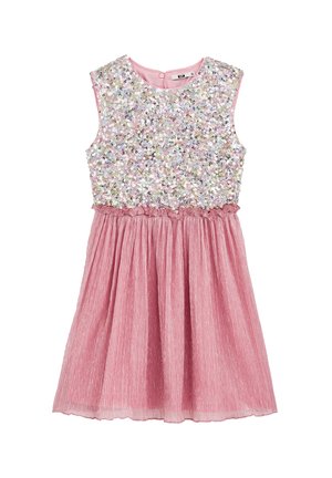 Różowa sukienka bez rękawów z cekinowym gorsetem i plisowaną spódnicą, z marszczoną talią i zapięciem na guziki z tyłu.