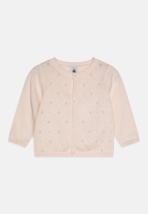Light pink knitted cardigan with a round neckline, long sleeves, and a button front. Features small diamond eyelet patterns throughout.