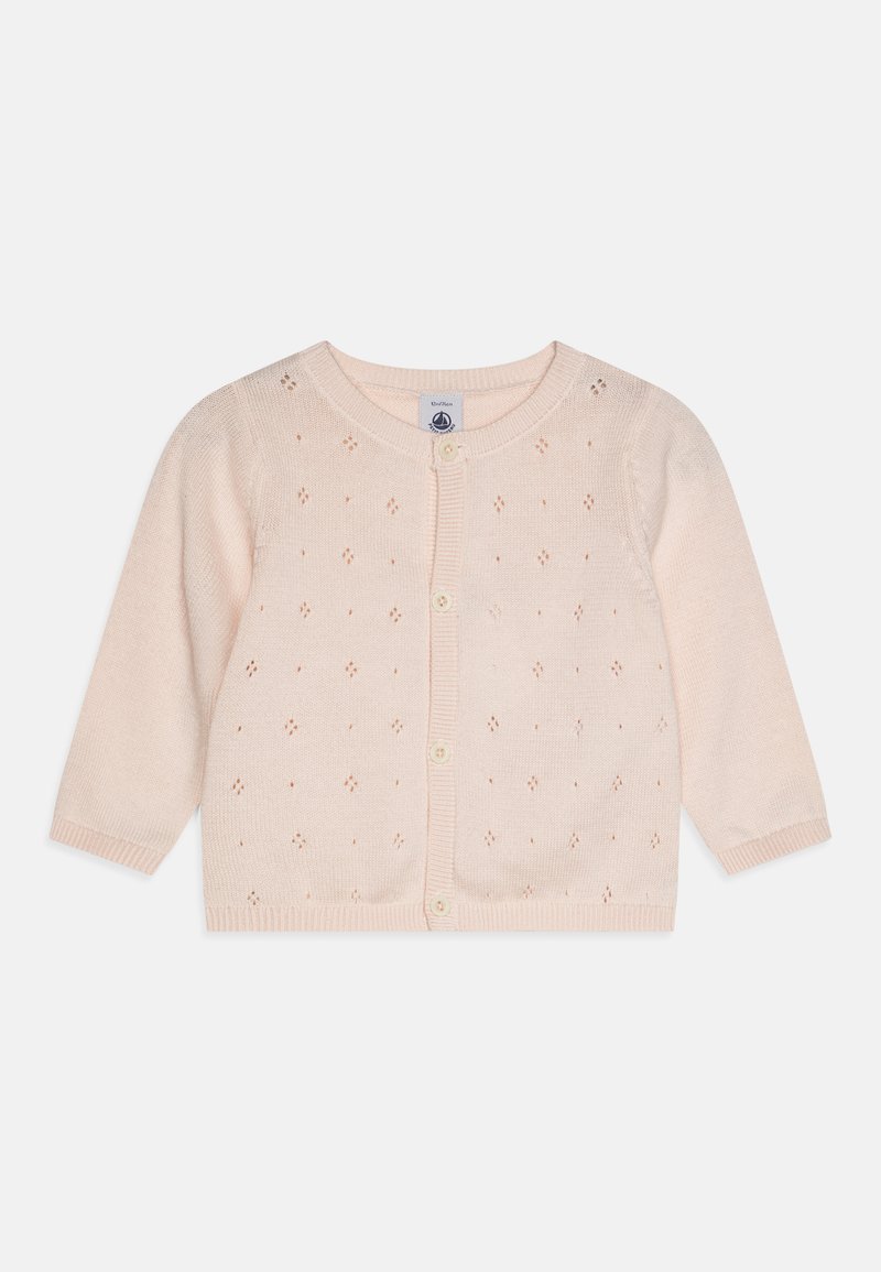 Light pink knitted cardigan with a round neckline, long sleeves, and a button front. Features small diamond eyelet patterns throughout.