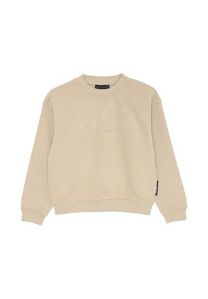 Felpa beige con collo a girocoscia a costine, maniche lunghe e dettaglio in rilievo con la scritta "RICH" sul petto. Tessuto morbido e vestibilità rilassata.