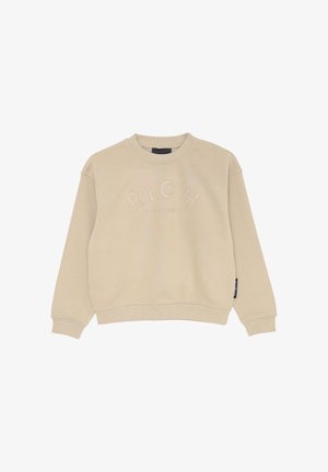 Felpa beige con collo a girocoscia a costine, maniche lunghe e dettaglio in rilievo con la scritta "RICH" sul petto. Tessuto morbido e vestibilità rilassata.