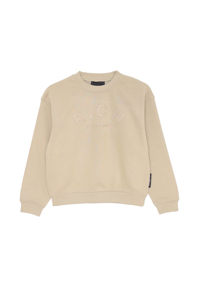 Felpa beige con collo a girocoscia a costine, maniche lunghe e dettaglio in rilievo con la scritta "RICH" sul petto. Tessuto morbido e vestibilità rilassata.