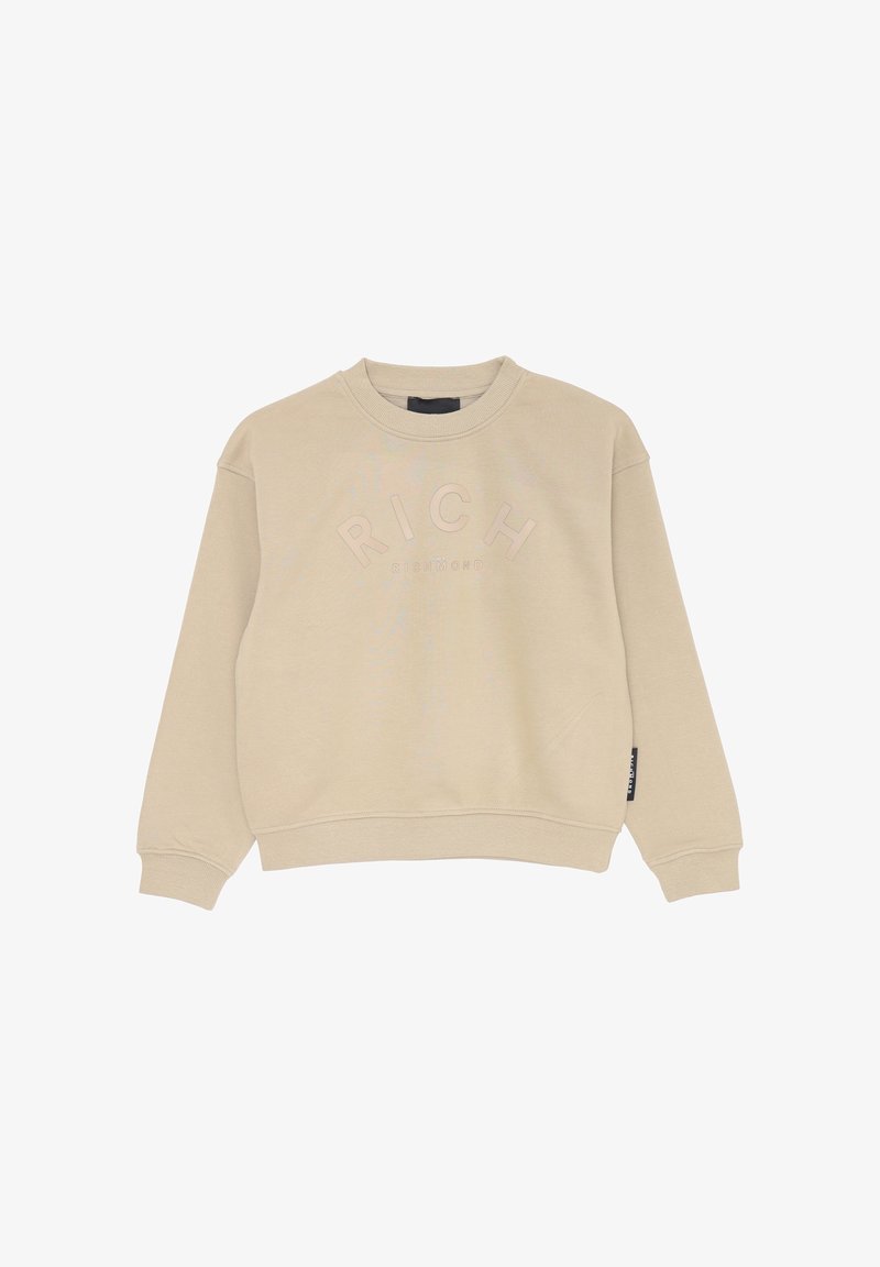 Felpa beige con collo a girocoscia a costine, maniche lunghe e dettaglio in rilievo con la scritta "RICH" sul petto. Tessuto morbido e vestibilità rilassata.