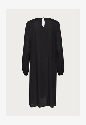 Svart långärmad klänning med avslappnad passform, med en nyckelhålsdetalj i ryggen, tillverkad av lättviktigt tyg med en slät textur.