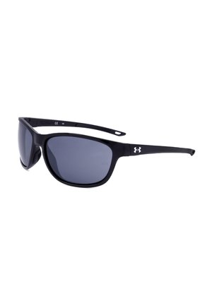 Occhiali da sole avvolgenti neri con lenti scure e logo bianco Under Armour sulla stanghetta, mostrati su sfondo bianco.