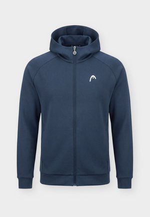 Tengerészkék, teljesen cipzáros kapucnis pulóver elülső zsebekkel, hosszú ujjakkal, bordázott mandzsettákkal és egy kis fehér logóval a bal mellrészen.