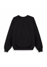 Felpa nera a maniche lunghe con scollatura a girocollo, rifinita con polsini e orlo a costine, mostrata dal retro su uno sfondo bianco.