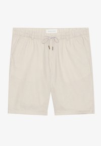 Beige linen shorts with an elastic waistband, drawstring closure, and two side pockets. Smooth texture and relaxed fit design.