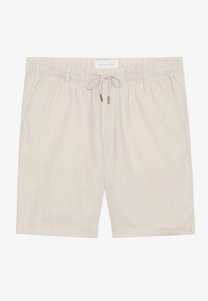 Beige linnen shorts med elastisk midje, snörning och två sidofickor. Slät textur och avslappnad passform.