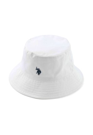 Fehér, széles karimájú vödörkalap, amelynek elején egy kis fekete polo játékos logó van hímezve.