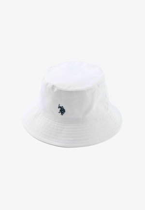 Valkoinen lierihattu, jossa on leveä lieri ja etuosassa pieni musta polo-pelaajan logo.