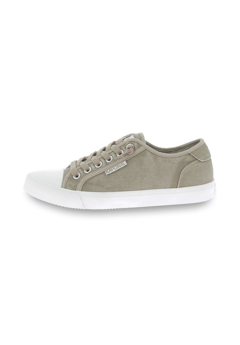 Light gray canvas sneaker with a white rubber toe cap, round laces, and a white sole. Features a small logo on the side.