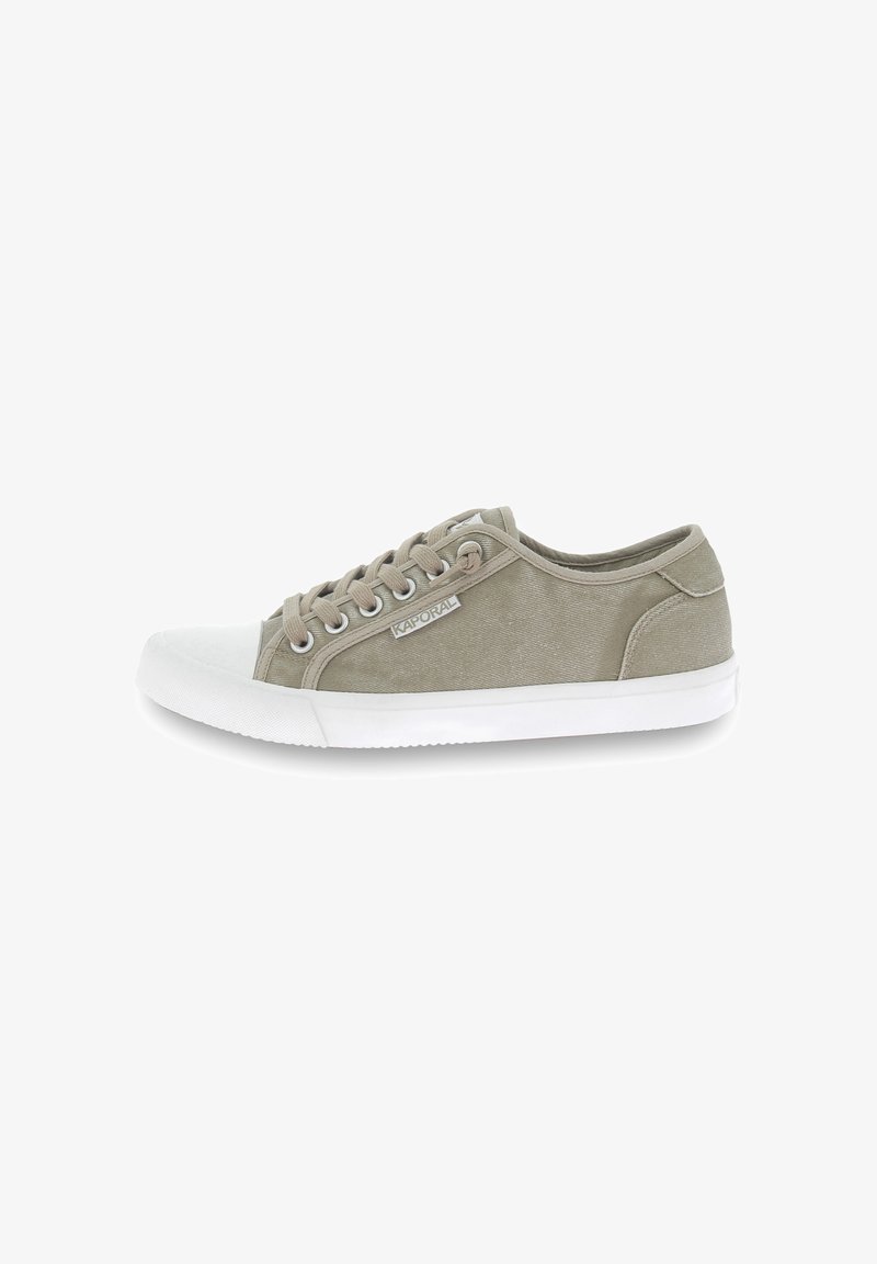 Light gray canvas sneaker with a white rubber toe cap, round laces, and a white sole. Features a small logo on the side.