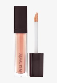 Laura Mercier Lipgloss in einem klaren Röhrchen mit quadratischem Deckel, das eine pfirsich-nude Farbe zeigt und mit einem Applikator mit Doe-Foot ausgestattet ist.