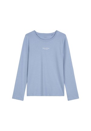 Chemise à manches longues bleu clair avec un col rond, petit logo blanc "Marc O’Polo" centré sur la poitrine, design uni.