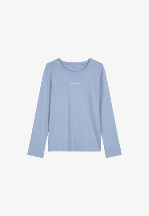 Chemise à manches longues bleu clair avec un col rond, petit logo blanc "Marc O’Polo" centré sur la poitrine, design uni.