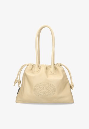 Sac en cuir crème avec deux poignées nouées, fermeture à cordon et un motif floral embossé sur le devant. Texture lisse.