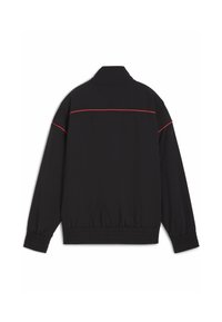 Black jacket made of lightweight fabric, featuring a stand collar, elastic cuffs, and a red stitching accent across the back.