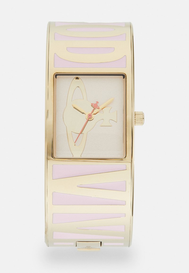 Gold-tone wristwatch with a rectangular face, pink accents in a geometric design, and a minimalist dial featuring a simple hour and minute hand.