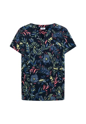 Granatowa bluzka z krótkim rękawem w wielokolorowy kwiatowy i liściasty wzór, z dekoltem w serek i trzema guzikami, wykonana z lekkiego materiału.