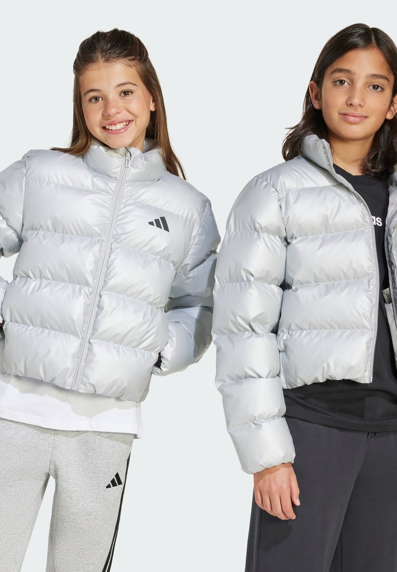 Doudounes argentées avec une finition brillante, fermeture éclair à l'avant, design court et couture horizontale. Marquage noir visible à l'avant.