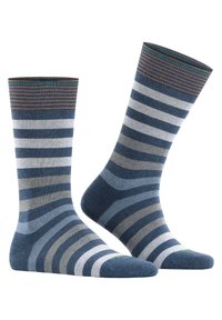 Cotton socks featuring horizontal stripes in navy, light blue, gray, and a colorful ribbed cuff at the top.