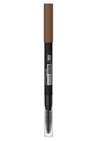 Maybelline Tattoo Brow potlood met een bruine dop, zwarte omhulsel en een doorzichtige applicator. Voorzien van een fijne punt en spoolie borstel voor een nauwkeurige applicatie.