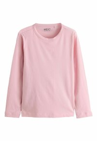 Gaisri rozā garām piedurknēm krekls no kokvilnas, ar apaļu izgriezumu un vienkāršu dizainu, apdarinātiem malām. Nav rakstu vai rotājumu.