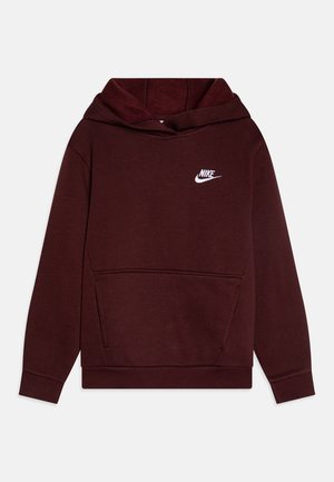 Un sweat à capuche bordeaux en tissu doux, présentant une poche avant et un logo Nike blanc sur la poitrine. Capuche ajustée.