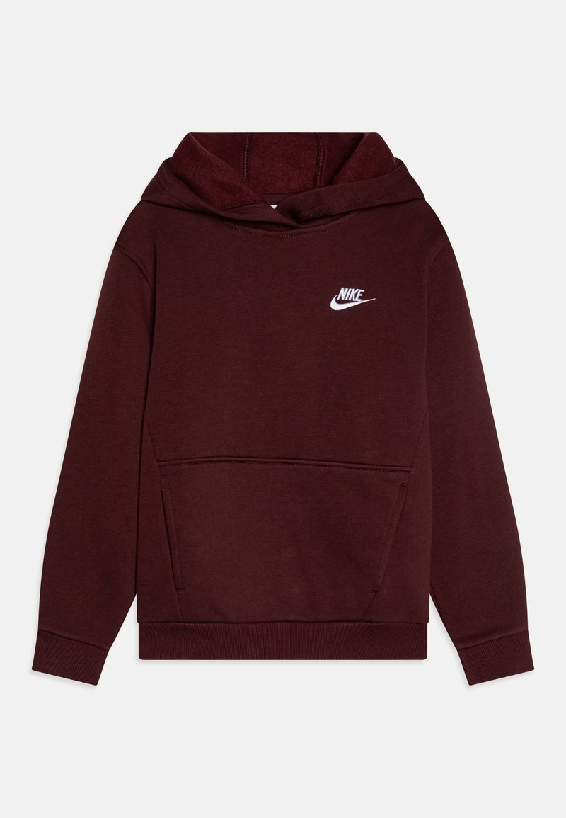 Hanorac maroon dintr-un material moale, cu buzunar frontal și un logo Nike alb pe piept. Glugă cu o potrivire strânsă.