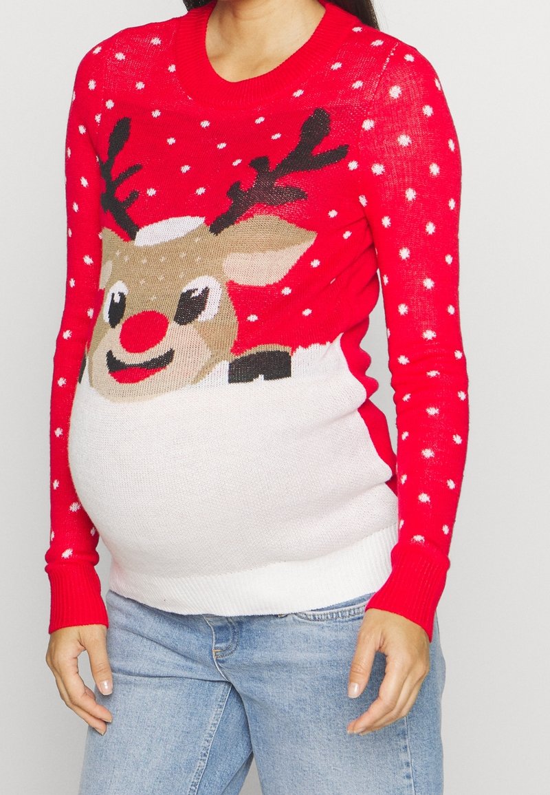 Roter Pullover mit weißen Schneeflocken-Punkten und festlichem Rentier-Design mit roter Nase und Geweih, gerippten Bündchen und weißem Saum.