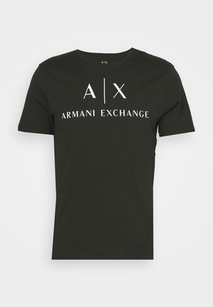 Black crew-neck t-shirt made of cotton, featuring "A|X ARMANI EXCHANGE" logo in white. Short sleeves and a relaxed fit.