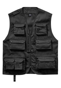 Black utility vest featuring multiple front pockets and a zip closure. Made of durable fabric with a smooth texture and adjustable fit.