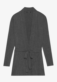 Gray wrap cardigan made from soft fabric, featuring a deep V-neck, long sleeves, and a tie belt at the waist for a defined shape.