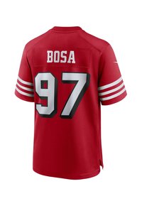 Maillot de sport rouge avec le numéro 97 en blanc et noir et le nom BOSA au dos, avec des rayures blanches sur les manches.