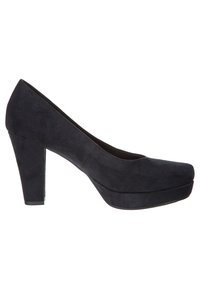 Svart mocka högklackad sko med fyrkantig tå och plattform. Har en tjock blockklack och en slät yta. Enkel, strömlinjeformad design.