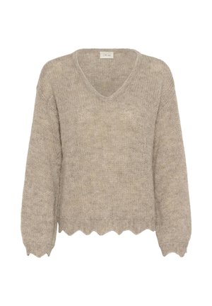 Maglione beige a maglia con scollatura a V, vestibilità ampia e orlo scallop. Realizzato in materiale morbido, presenta un motivo testurizzato su tutta la superficie.