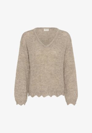 Beige gestrickter Pullover mit V-Ausschnitt, lockerer Passform und gewelltem Saum. Aus weichem Material, mit einem strukturierten Muster über das gesamte Teil.