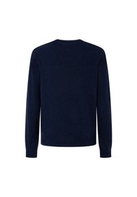 Pull en tricot bleu marine foncé à manches longues avec poignets et ourlet côtelés, montré de dos sur un fond blanc.