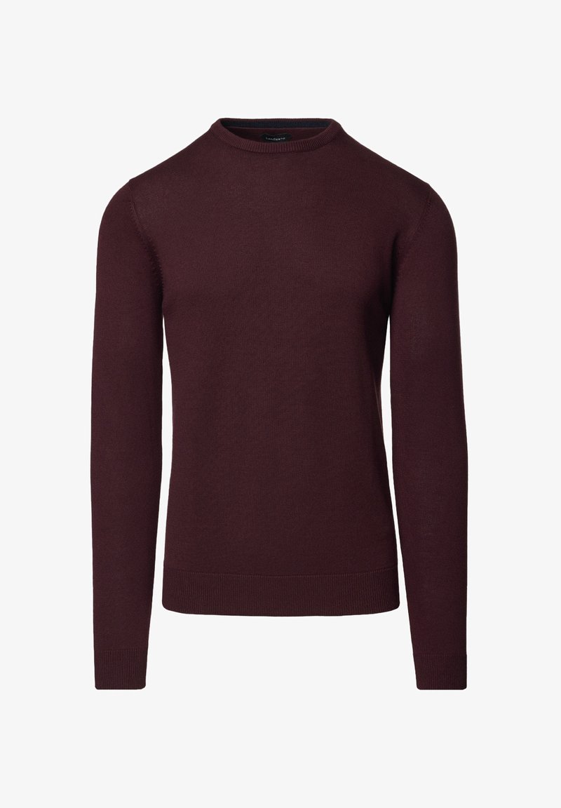 Bordowy sweter z dzianiny z długimi rękawami, okrągłym dekoltem oraz ściągaczami na rękawach i dole. Gładka tekstura, lekka tkanina, prosty fason.