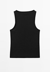 Débardeur noir côtelé sans manches avec un col rond, vu de dos sur fond blanc.