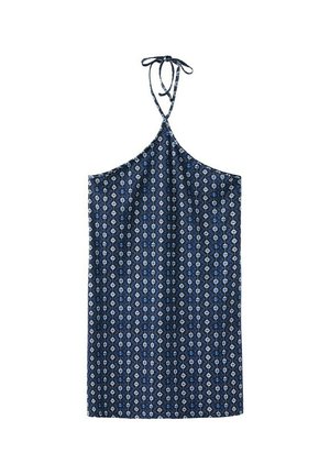 Abito con scollo all'americana blu navy con motivo a diamante geometrico bianco e chiusura a fiocco al collo.