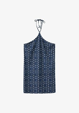 Tamnoplava haljina s halter izrezom, bijeli geometrijski uzorak rombova i vezanje oko vrata.