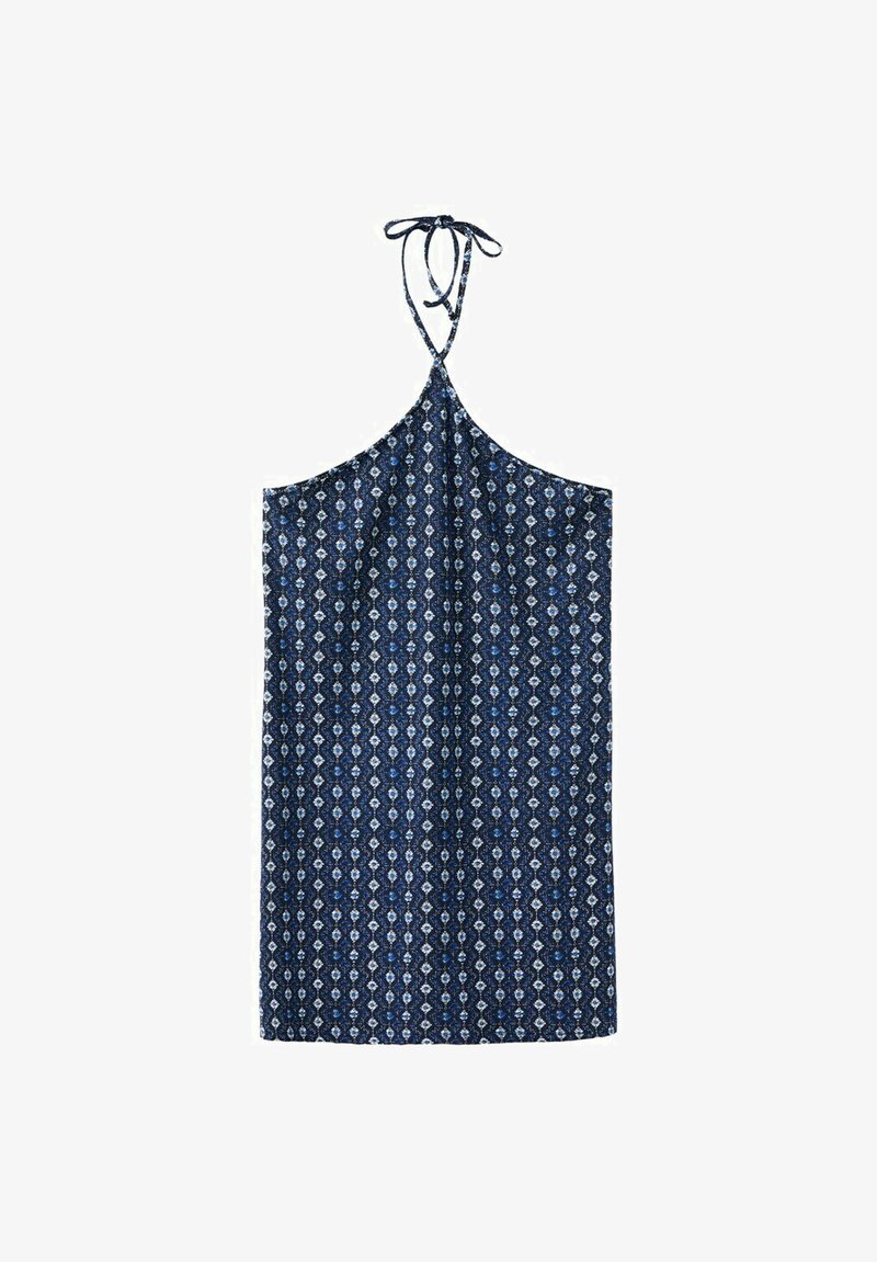 Tmavomodré šaty s halter výstrihom, zdobené bielym geometrickým diamantovým vzorom a so zaväzovaním na krku.