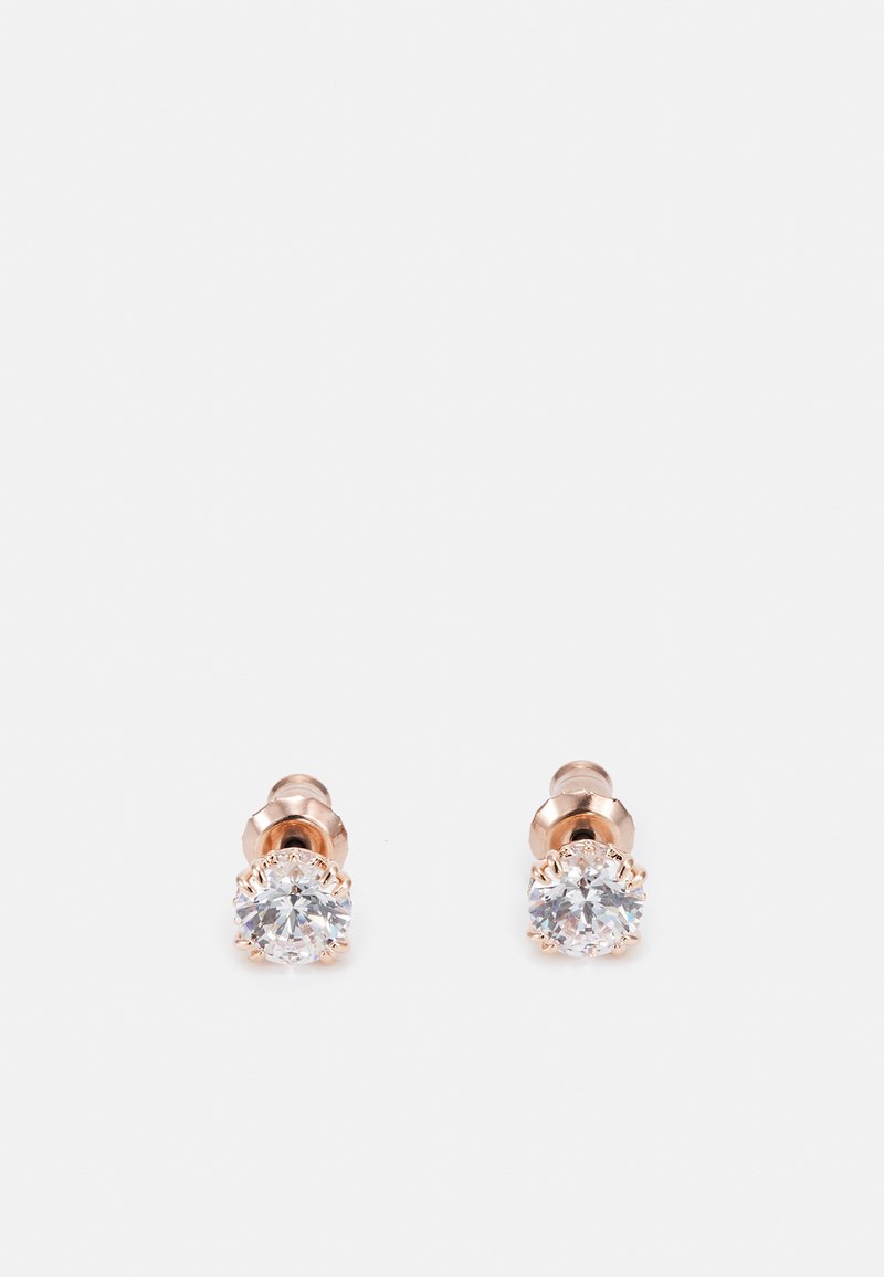 Rose gold stud earrings with round, clear crystals set in a claw design, featuring a smooth metallic finish and a small post backing.