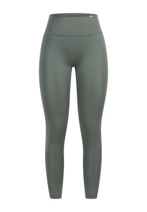 Højtaljede, tætsiddende leggings i mat olivengrøn stof. Glat tekstur uden synlige mønstre eller hardwaredetaljer.