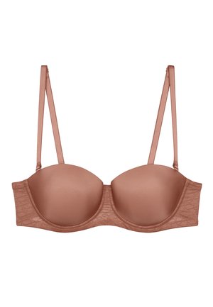 Sujetador marrón acolchado con aro, tirantes finos ajustables y detalles de encaje en los laterales sobre un fondo blanco.