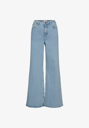 Jeans a gamba larga di colore azzurro chiaro in denim, con vita alta, design a cinque tasche e leggero effetto sbiadito lungo le gambe.