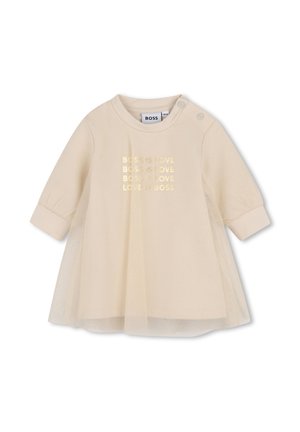 Vestido para bebé de manga larga beige con texto dorado "BOSS IS LOVE" repetido cuatro veces y botones a presión en un hombro.