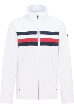 Weißer Blazer mit hohem Kragen, Reißverschluss und zwei seitlichen Taschen. Verfügt über horizontale Streifen in Marineblau, Weiß und Rot über der Brust.